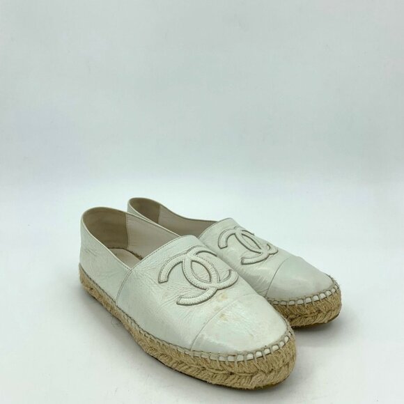 Chanel White Leather Espadrilles Size 37 Double C Logo With Jute Sole Made In Sp - Picture 5 of 9